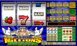 Major Millions is a three reel, three payline, and three coin slot