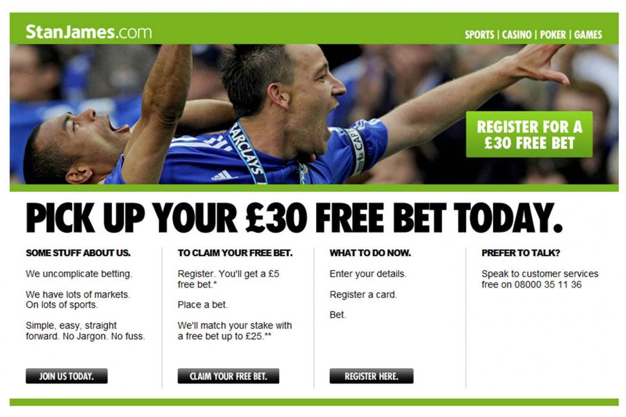Stan James.com £5 no deposit free bet offer - Bet for free